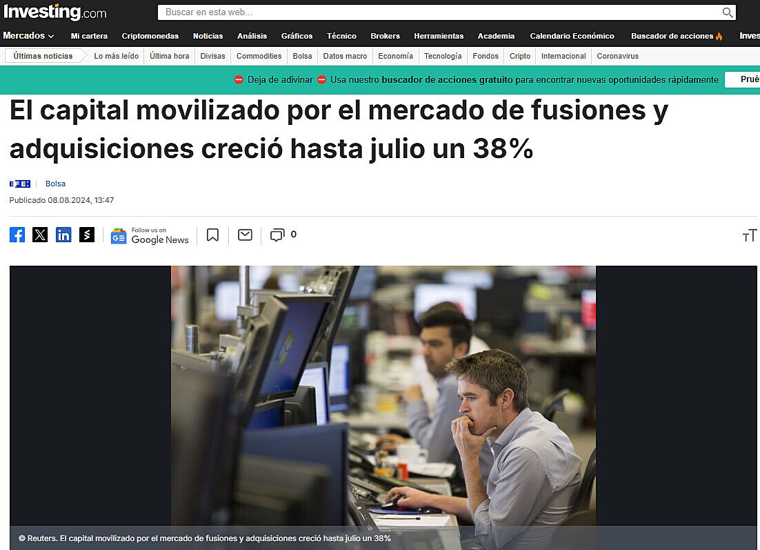 El capital movilizado por el mercado de fusiones y adquisiciones creci hasta julio un 38%